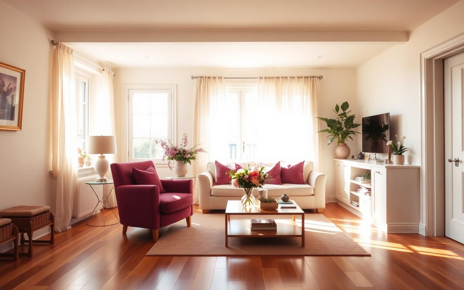 Sunlit, cared-for living room in a Jackson, Mississippi home