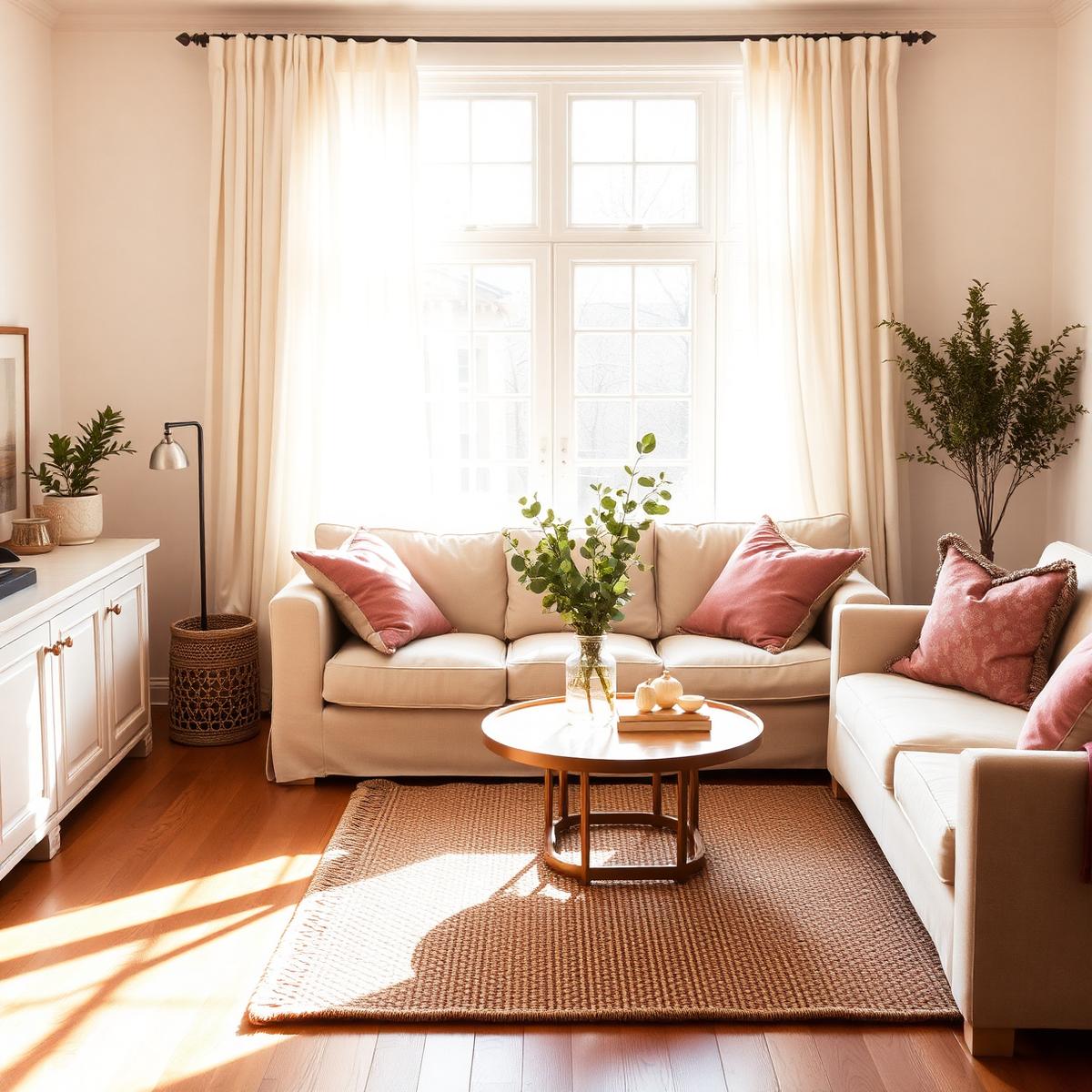 Sunlit living room with linen sofa, warm tones, freshly cleaned