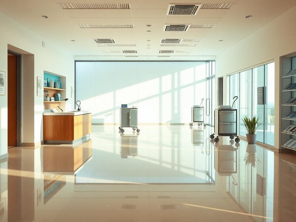 Polished commercial lobby with reception desk