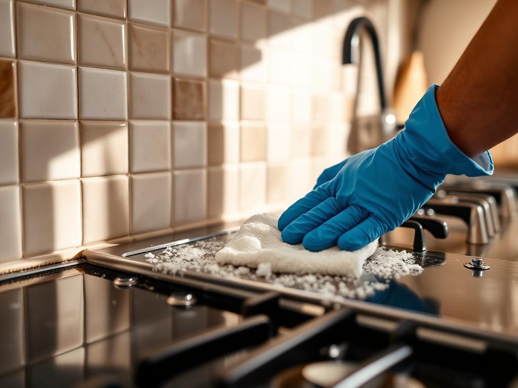 Gloved hand deep-cleaning a kitchen stovetop and tile