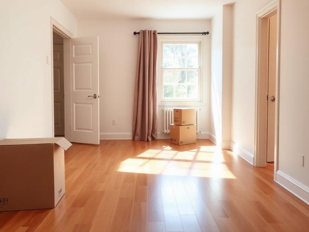 Empty, freshly cleaned home with moving boxes and sunlit floors