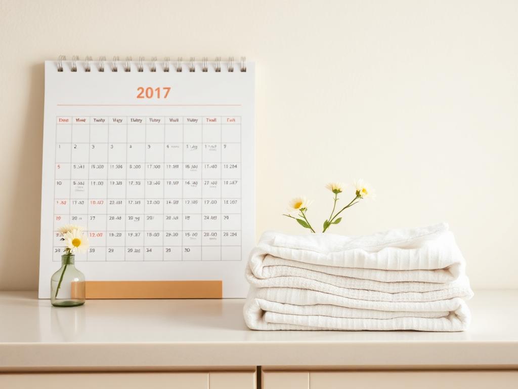 Calendar and folded fresh linens on a tidy counter