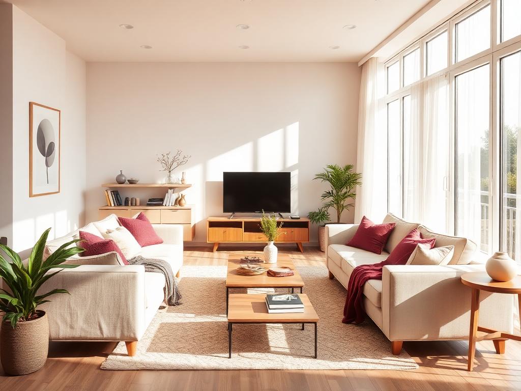 Sunlit, freshly cleaned living room with warm cream tones